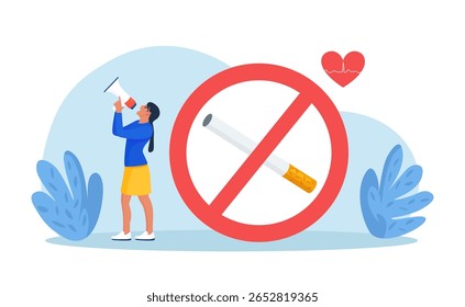 Pare de fumar. Dia Mundial Sem Cigarro. Alto-falante promovendo a conscientização da saúde através do fim do vício em nicotina. Fumantes abandonando cigarros de fumo, recusando o cigarro, rejeitando o mau hábito insalubre