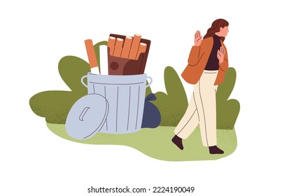 Quit, stop, giving up smoking concept. Person smoker rejecting, refusing, saying no to cigarettes, tobacco addiction. Nicotine rejection. Flat graphic vector illustration isolated on white background