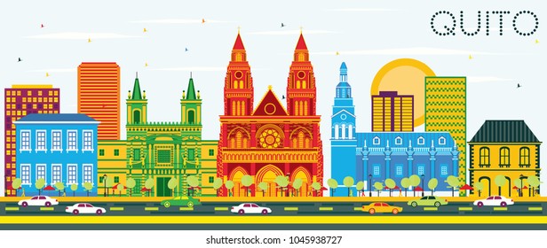 Quito Ecuador City Skyline with Color Buildings and Blue Sky. Vector Illustration. Business Travel and Tourism Concept with Historic Architecture. Quito Cityscape with Landmarks.