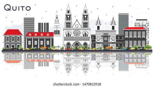 Quito Ecuador City Skyline with Gray Buildings and Reflections Isolated on White. Vector Illustration. Business Travel and Tourism Concept with Historic Architecture. Quito Cityscape with Landmarks.