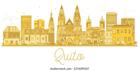 Quito Ecuador City Skyline Silhouette with Golden Buildings Isolated on White. Vector Illustration. Business Travel and Tourism Concept with Historic Architecture. Quito Cityscape with Landmarks.