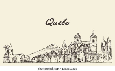 Quito skyline, Ecuador, hand drawn vector illustration, sketch