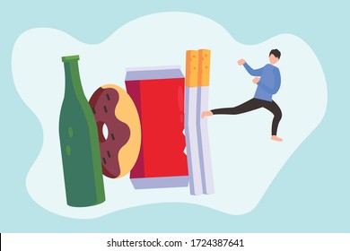 Quitting Bad Habits Vector Concept:  Male Figure Doing A Flying Kick Towards Junk Foods, Cigarettes, Soda Drink And Beer. Healthy Lifestyle Resolution