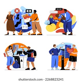 Quitting smoke cigarettes concept. Men and women getting rid of nicotine addiction and bad habits. Smokers break and throw away cigarettes. Cartoon flat vector collection isolated on white background