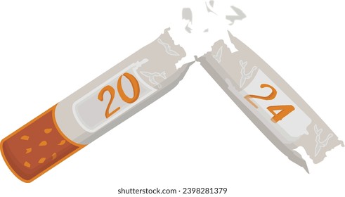 Quitting Smoking in 2024 concept, Broken cigarette Twenty Twenty four color vector icon design, Happy New Year 2024 Symbol, HNY Wishes Sign, New Years Eve celebration Element stock illustration