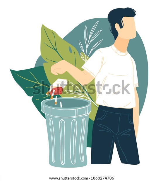 Quitting smoking and bad habits, male character\
throwing pack of cigarettes in trash. Healthy lifestyle and\
improvement of wellness of organism. Stop addiction and overcoming\
nicotine, vector