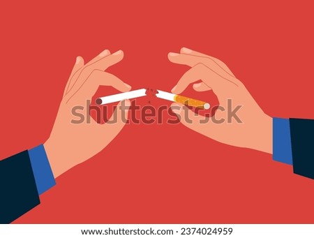Quitting smoking cigarettes. Quit bad habit, health care. Holding broken cigarette in hands. Flat vector illustration