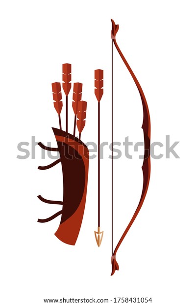 Quiver arrows and bow isolated on white\
background. Ancient medieval archery weapons, historic military\
battle or animal hunting. Vector flat illustration of traditional\
Viking or warrior\
weapons