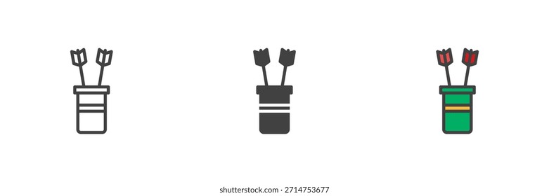 Quiver with arrows medieval archery different style icon set. Line, filled outline and solid color vector icon. Ammunition symbol, ranger sign.