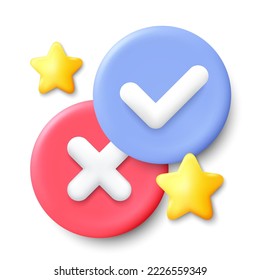 Quiz 3d icon. Answer time game symbol. Check mark button. Right or wrong answer, school education test. Approved game quiz. Internet web button with golden 3d stars. Vector