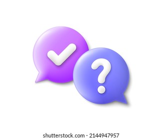 Quiz 3d speech bubble. Question mark with check sign. Ask help, Question and Answer bubble. Support dialogue 3d banner. Information tag shape, think speech bubbles. Quiz answer label. Vector