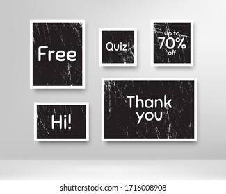 Quiz, 70% discount and free. Black photo frames with scratches. Thank you phrase. Sale shopping text. Grunge photo frames. Images on wall, retro memory album. Realistic photograph card. Vector