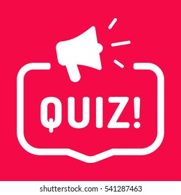 Quiz. Badge, stamp with megaphone icon. Flat vector illustration on red background.