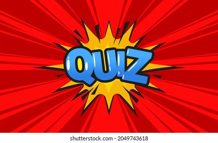 Quiz Banner In Comics Pop Art Style On Red Background. Vector Cartoon