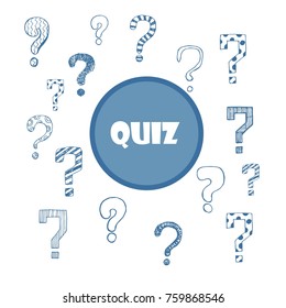 Quiz banner design with pink hand drawn question marks. Vector illustration on white background.