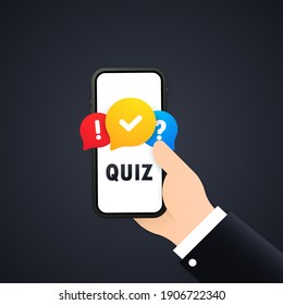 Quiz banner. Hand holding phone with message box with question mark icon. Vector on isolated white background. EPS 10