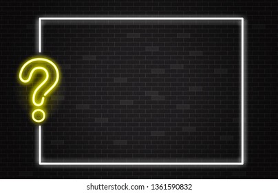 Quiz banner with yellow neon question mark in realistic style on dark brick wall background with white frame and copy space - vector illustration of trivia night or contest announcement poster.