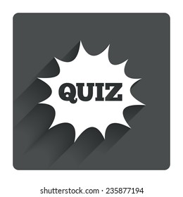 Quiz boom speech bubble sign icon. Questions and answers game symbol. Gray flat square button with shadow. Modern UI website navigation. Vector