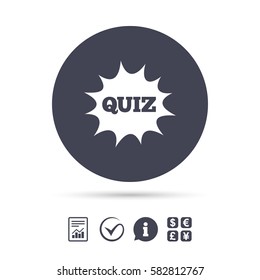 Quiz boom speech bubble sign icon. Questions and answers game symbol. Report document, information and check tick icons. Currency exchange. Vector