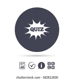 Quiz boom speech bubble sign icon. Questions and answers game symbol. Report document, information and check tick icons. Currency exchange. Vector