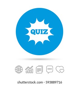 Quiz boom speech bubble sign icon. Questions and answers game symbol. Copy files, chat speech bubble and chart web icons. Vector