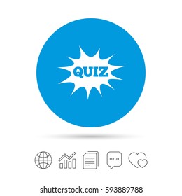 Quiz boom speech bubble sign icon. Questions and answers game symbol. Copy files, chat speech bubble and chart web icons. Vector