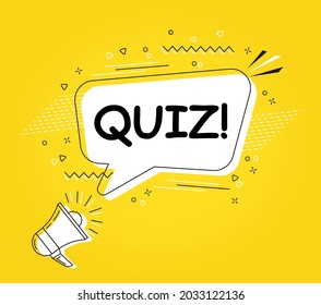 Quiz in bubble vector on bright yellow background. Comic speech bubble. Cartoon comic explosion. Colorful speech balloon with megaphone.  Massages and talk signs for app, web.