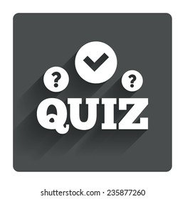Quiz with check and question marks sign icon. Questions and answers game symbol. Gray flat square button with shadow. Modern UI website navigation. Vector