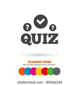 Quiz with check and question marks sign icon. Questions and answers game symbol. Classic flat icon. Colored circles. Vector