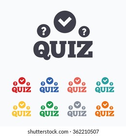 Quiz with check and question marks sign icon. Questions and answers game symbol. Colored flat icons on white background.