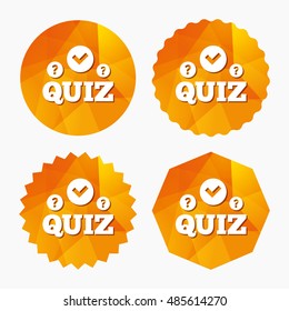 Quiz with check and question marks sign icon. Questions and answers game symbol. Triangular low poly buttons with flat icon. Vector