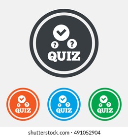 Quiz with check and question marks sign icon. Questions and answers game symbol. Graphic design web element. Flat quiz symbol on the round button. Vector