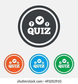 Quiz with check and question marks sign icon. Questions and answers game symbol. Graphic design web element. Flat quiz symbol on the round button. Vector