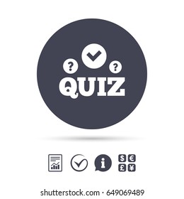 Quiz with check and question marks sign icon. Questions and answers game symbol. Report document, information and check tick icons. Currency exchange. Vector
