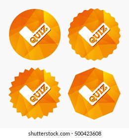 Quiz check sign icon. Questions and answers game symbol. Triangular low poly buttons with flat icon. Vector