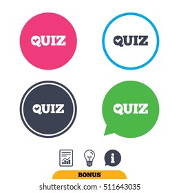 Quiz check sign icon. Questions and answers game symbol. Report document, information sign and light bulb icons. Vector