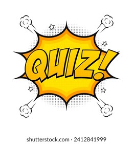 Quiz im Comic-Pop-Art-Stil. Quiz Smart Wortspiel. Comische Explosion mit Text Quiz. Farbenfrohe Blase platzte, glänzende Schrift im modernen Retro-Stil. Vektorgrafik