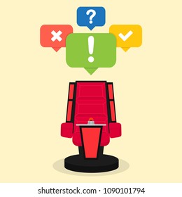 Quiz concept. Red chair with button. Vector illustration.