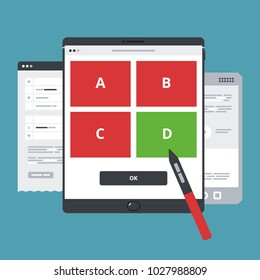 Quiz devices. A tablet with a quiz on the screen. The pen touches the screen. Phone with a set of questions in the background. A set for E-education. Vector illustration flat design. Survey on Internet