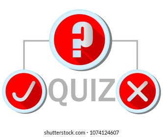 Quiz emblem in flat design with question mark icon, Yes icon and No icon. All icons in red and silver design.