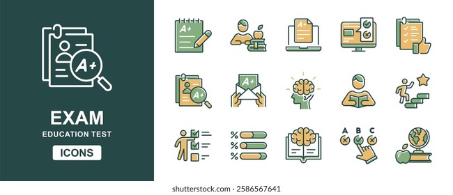 quiz exam icon set education school evaluation test online questionnaire grade result pass score vector set student learning clipboard school performance signs illustration for web and app