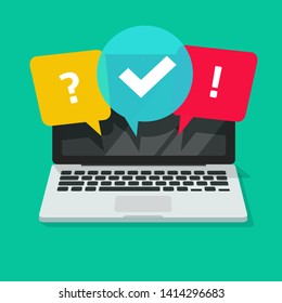 Quiz or exam online on computer screen vector illustration, flat cartoon laptop with questionnaire symbol, concept of internet survey or question test 