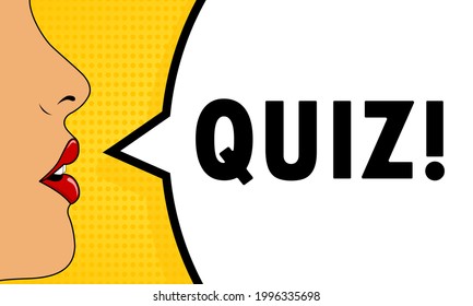 Quiz. Female mouth with red lipstick screaming. Speech bubble with text Quiz. Retro comic style. Can be used for business, marketing and advertising. Vector EPS 10.