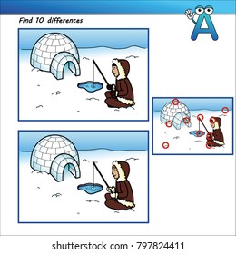 Quiz find 10 differences for children igloo eskimo