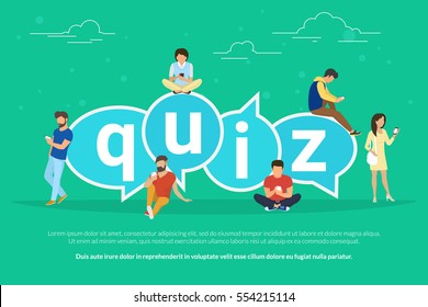 Quiz flat concept illustration of young people using mobile gadgets such smartphone for texting, messaging and answering questions via internet near quiz big bubbels with letters