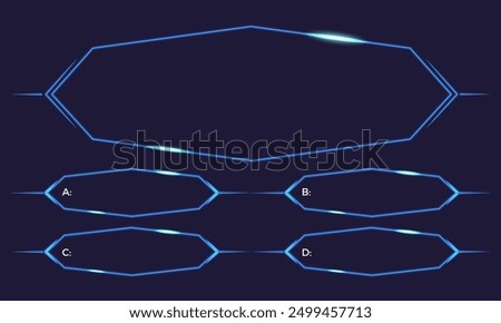 Quiz Game Blue Neon Frame UI. Intellectual Challenge Game Questions Layout Template. TV Show Trivia Contest Menu Multiple Choice Screen. Vector Questionnaire Infographic Interface
