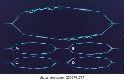 Quiz Game Blue Neon Lightning Frame UI. Intellectual Challenge Game Questions Layout Template. TV Show Trivia Contest Menu Multiple Choice Screen. Vector Questionnaire Infographic Interface