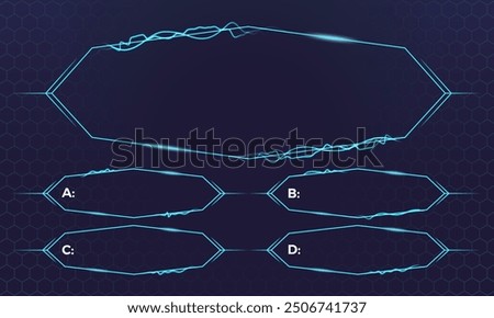 Quiz Game Blue Neon Lightning Frame UI. Intellectual Challenge Game Questions Layout Template. TV Show Trivia Contest Menu Multiple Choice Screen. Vector Questionnaire Infographic Interface