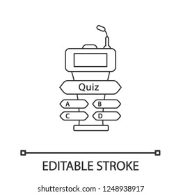 Quiz game buzzer linear icon. Quiz show questions. Thin line illustration. Game show podium. Podium, tribune, stand for intellectual event. Vector isolated outline drawing. Editable stroke