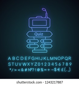 Quiz Game Buzzer Neon Light Icon. Game Show Podium. Podium, Tribune, Stand For Intellectual Event. Trivia Contest. Glowing Sign With Alphabet, Numbers And Symbols. Vector Isolated Illustration